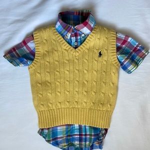 Ralph Lauren 2T boys short sleeve plaid shirt and yellow pullover sweater vest